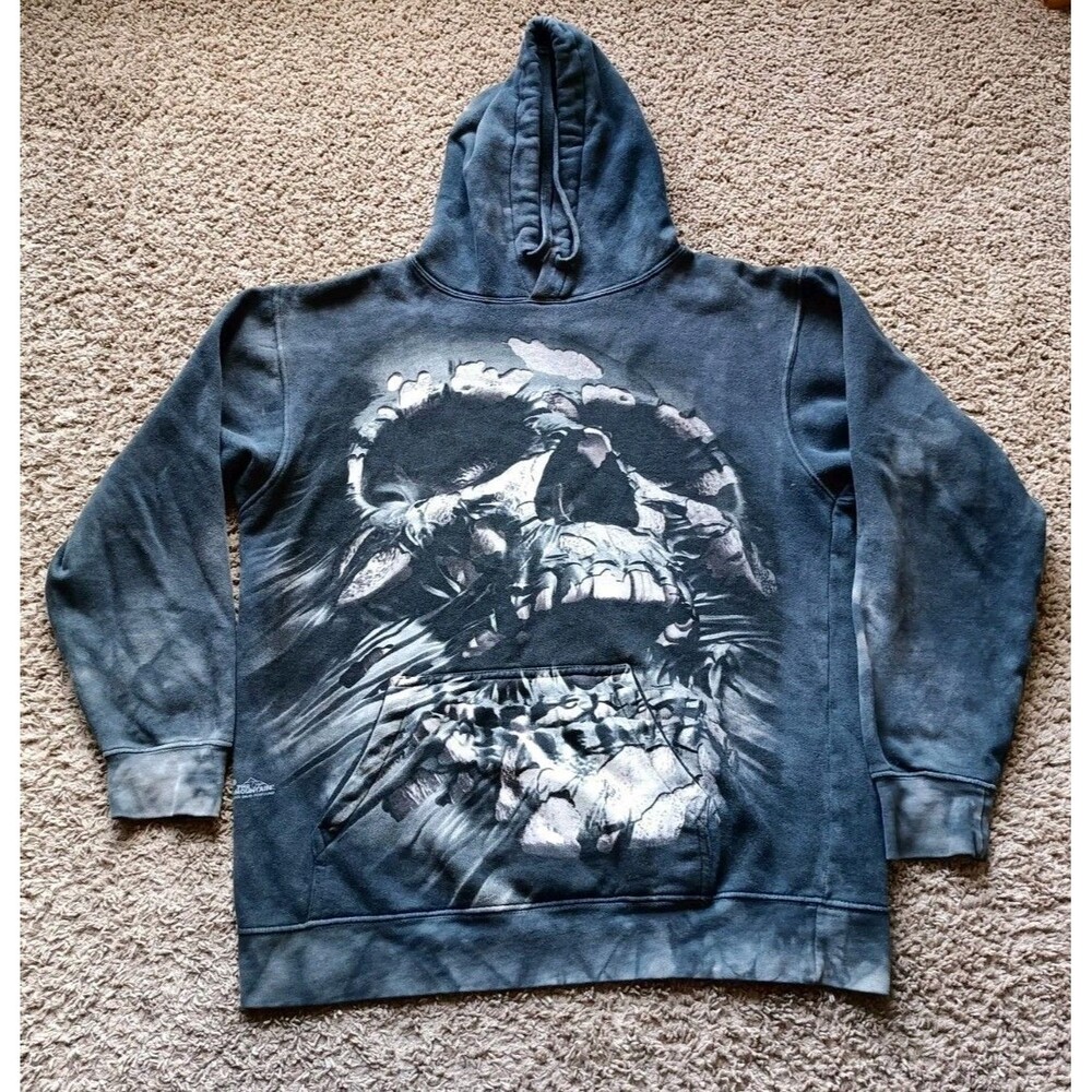 The Mountain Skull Hoodie Mens Size Small Acid Wash Gray Graphic Print Pullover